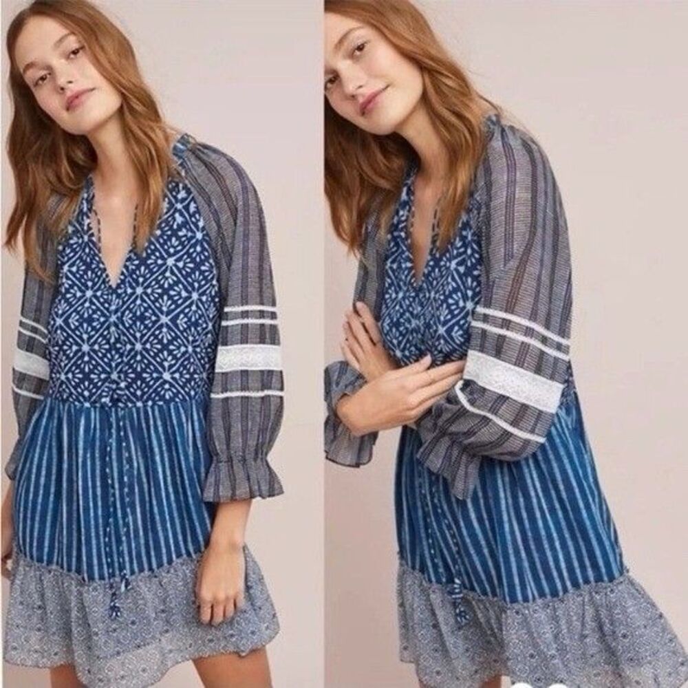 Hemant & Nandita Susan Indigo Mini Dress S Tie Dye Style Long Sleeve Blue Boho